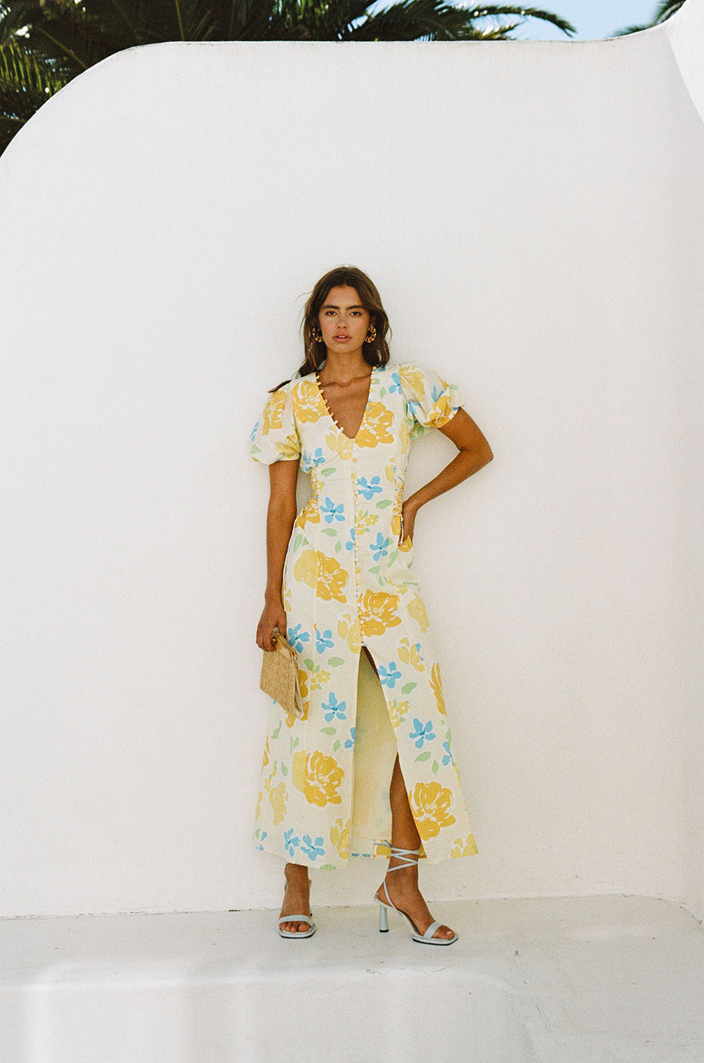 Exquisite Amorita Natural Seersucker Midi Dress with Yellow Garland Print