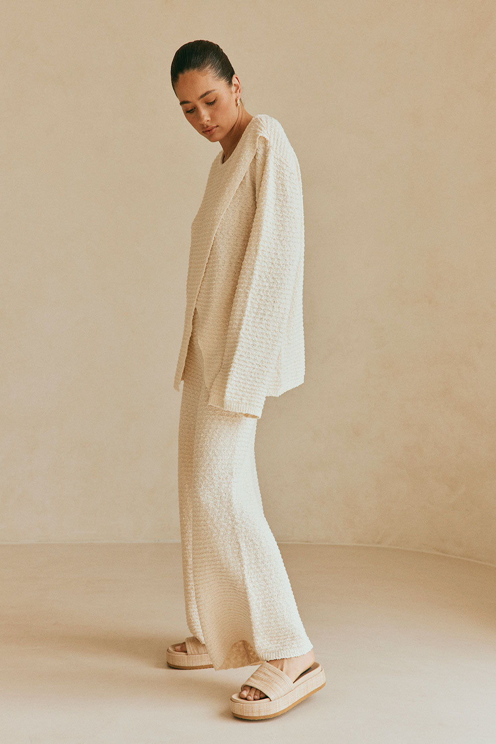 Cozy Cream Cotton Blend Boucle Knit Mara Top with Asymmetric Design