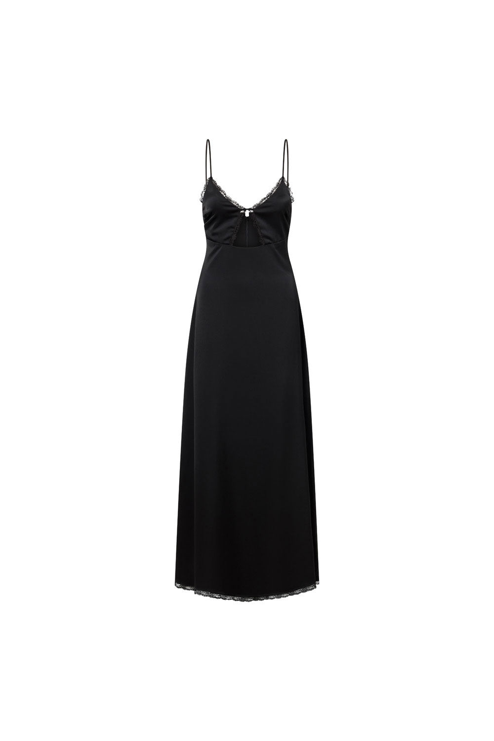 Exquisite Black Silky Remington Maxi A-Line Dress with Lace Trims
