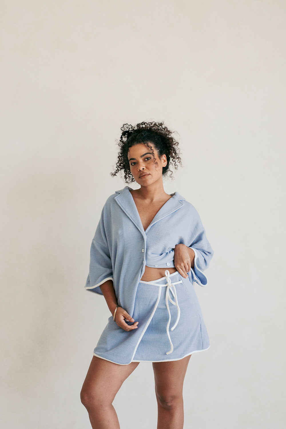 Stylish Blue Ribbed High - Waisted Wrap Nari Skirt by Sabo