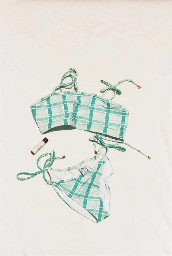Stretchy Exclusive Check Print Verde Bandeau Top with Gold Details