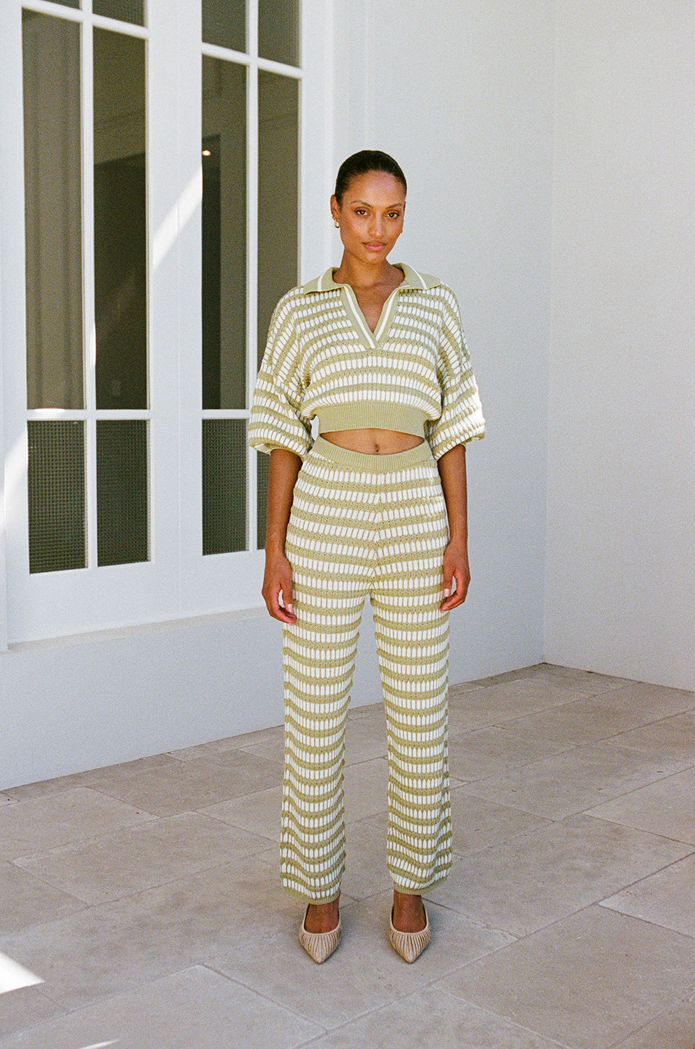 Sage and White Textured Striped Keyana High - Waisted Knit Pants