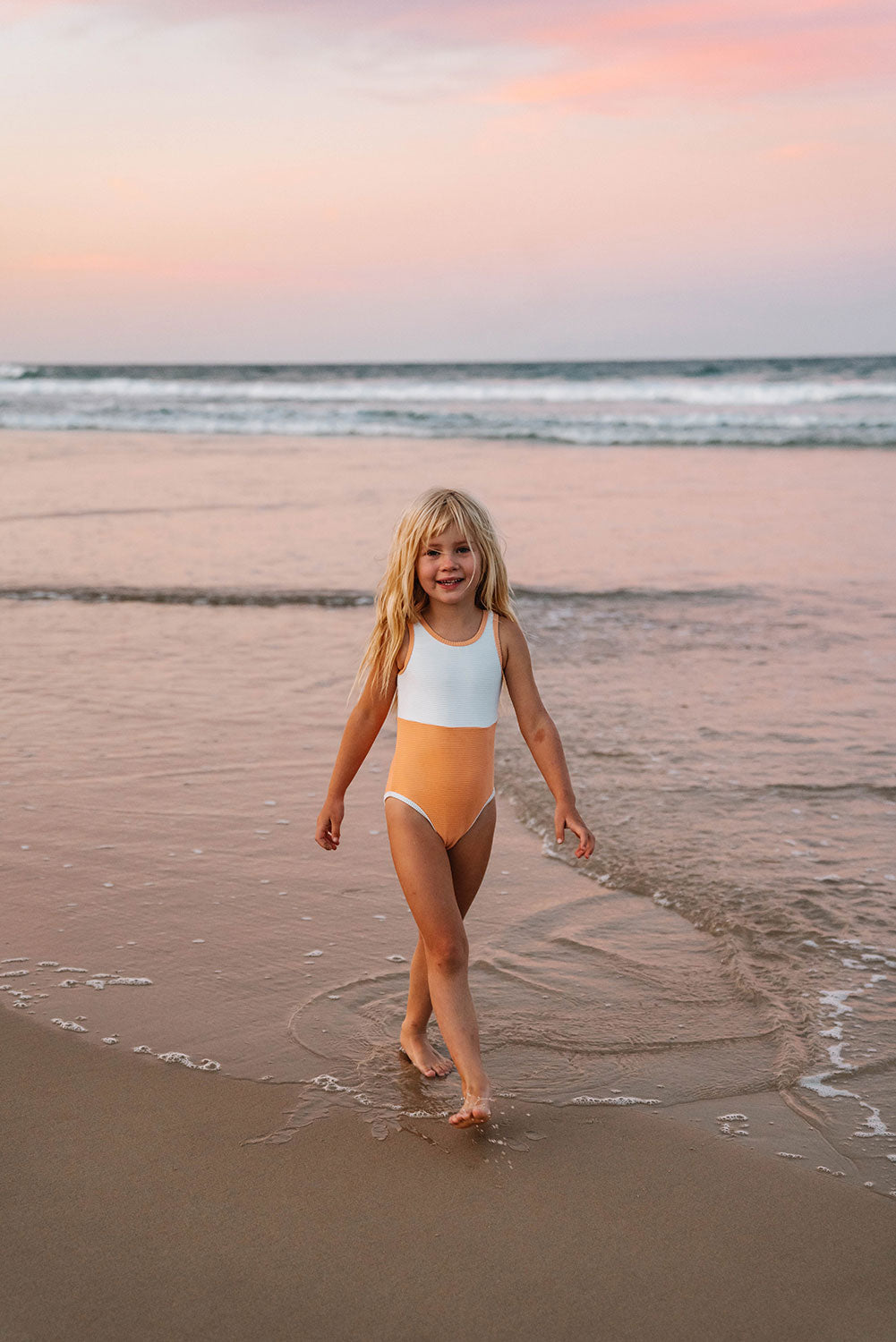 Ariel Orange Girls' Stretchy Ribbed Swimsuit for Beach and Sun