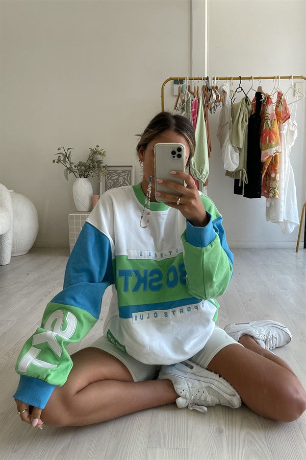 Unique Oversized Unisex Chance Sweater in Blue, Green and White