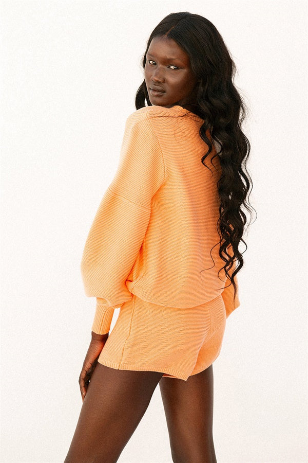 Comfortable Orange-Hued Natural Knitted Cotton Peach Knit Women's Top