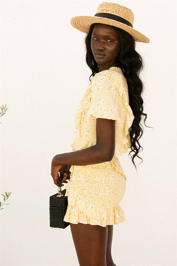 Stylish Yellow Floral Print Shirred High Waisted Zia Skirt