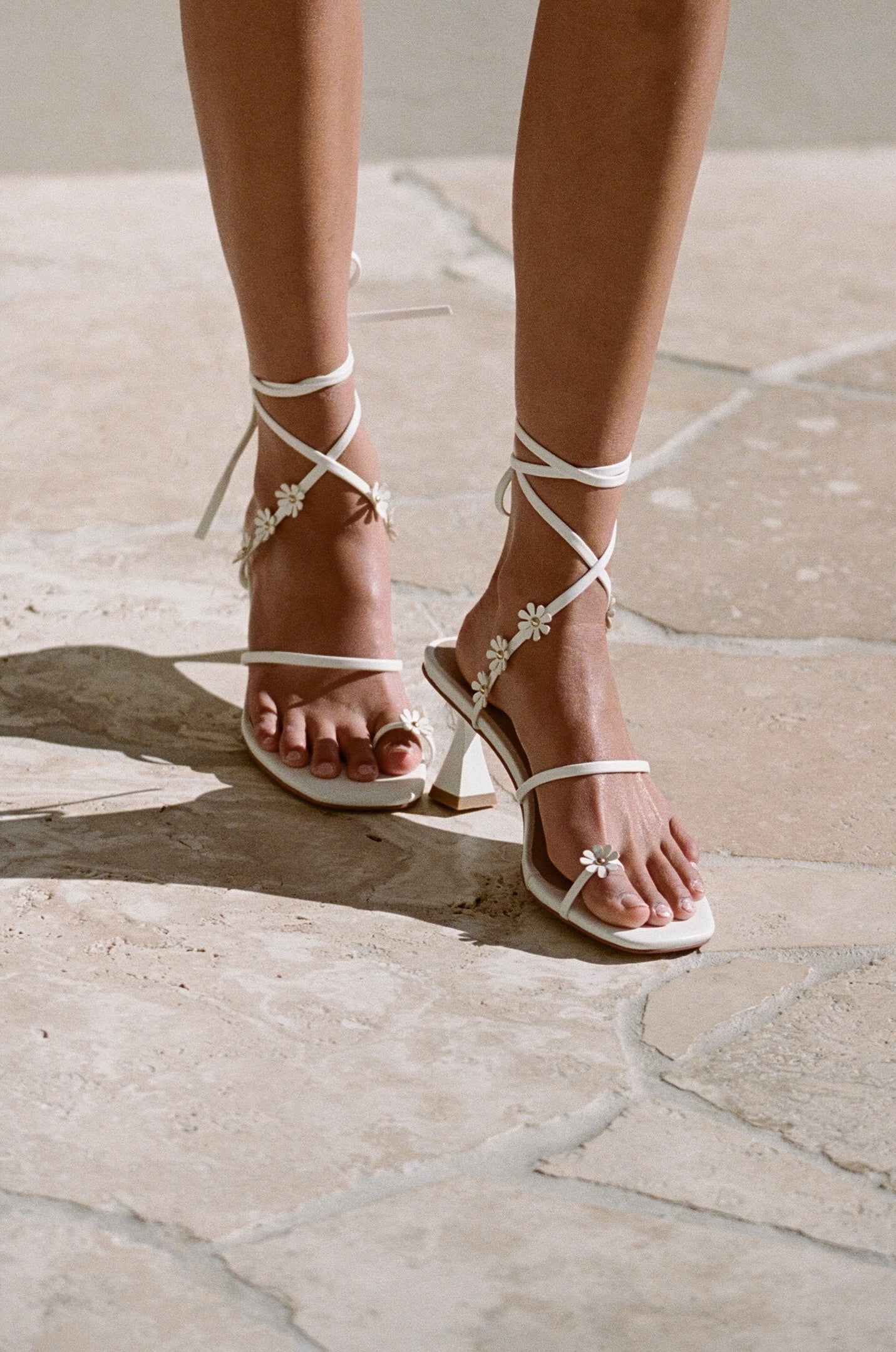 Stylish White Vegan Leather Bobbi Open Toe Heels with Daisy Embellishments