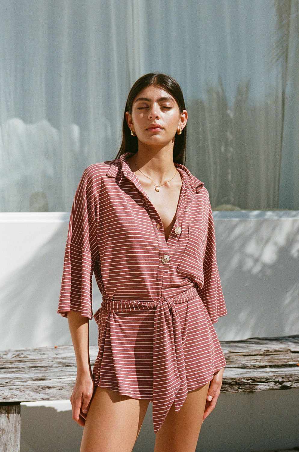 Brown and White Stripe Lightweight Cotton Milena Playsuit