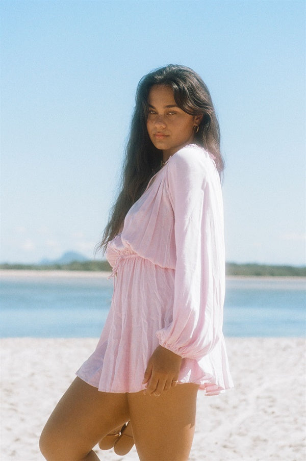 Soft Pink Lightweight Rayon Emmie Dress with Puff Sleeves and Flouncy Skirt