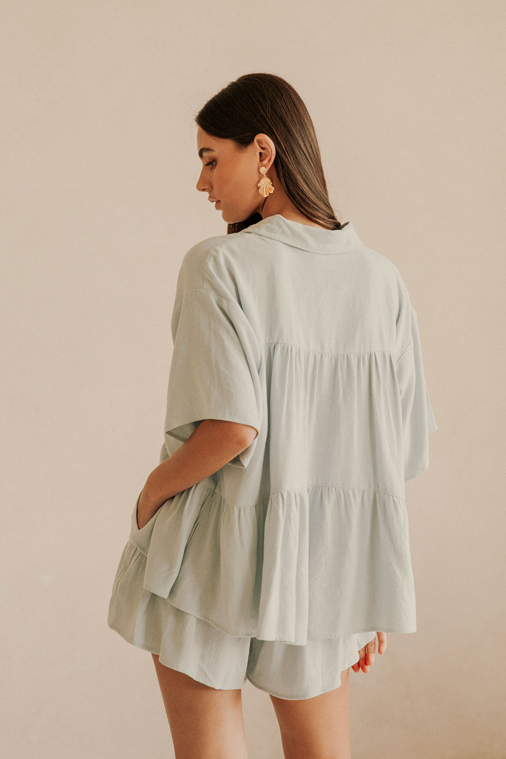 Blue Sky-Hued Natural Cotton Ramie Blend Luna Shorts