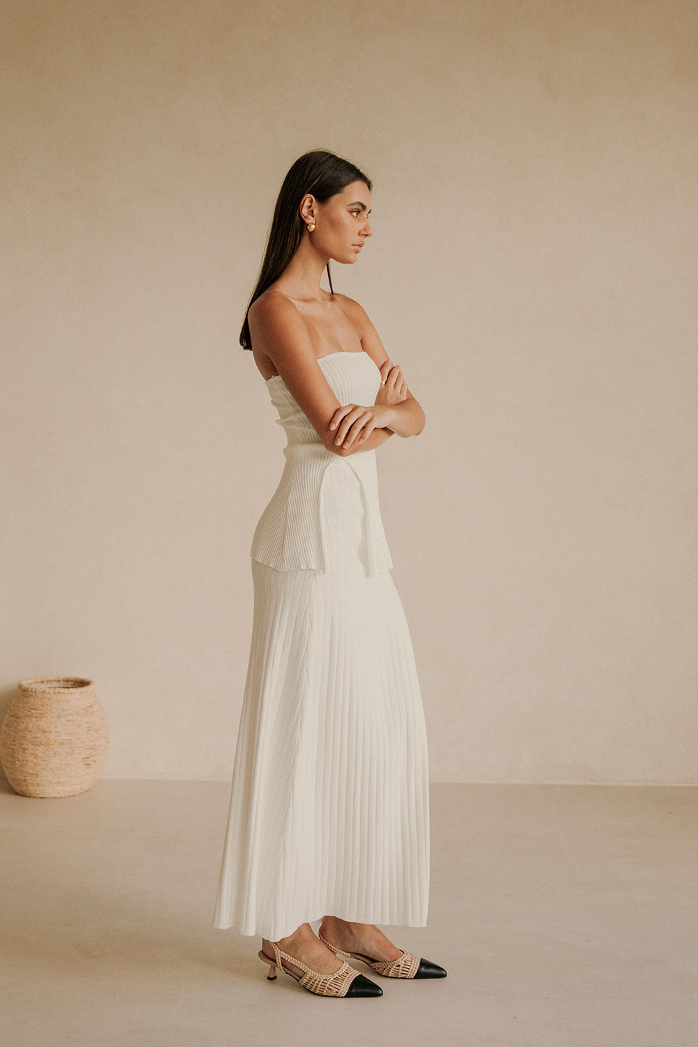 Exclusive Sabo-Designed White Textured Mini Pleated Elasticated Waist Saria Skirt