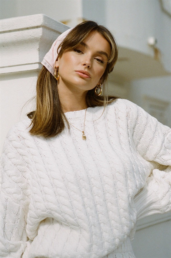 Vintage-Inspired Cream Meli Cotton Blend Knit Sweater for a Relaxed Look