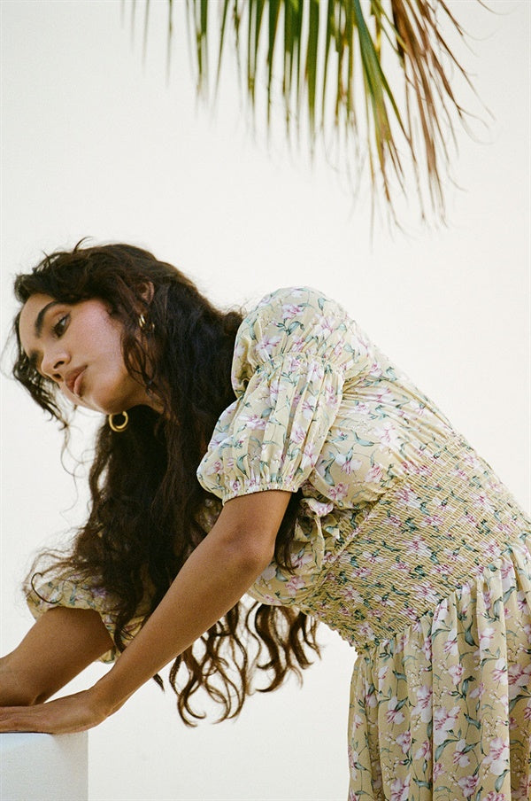 Sabo's Exclusive Dreamy Lightweight Floral Print Dusty Beige Faithe Dress