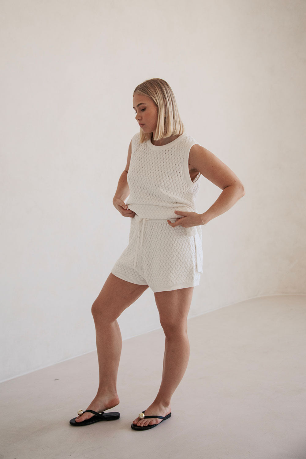 Exclusive Sabo Designed Off-White Natural Cotton Basket Knit Winslet High-Waisted Drawstring Shorts