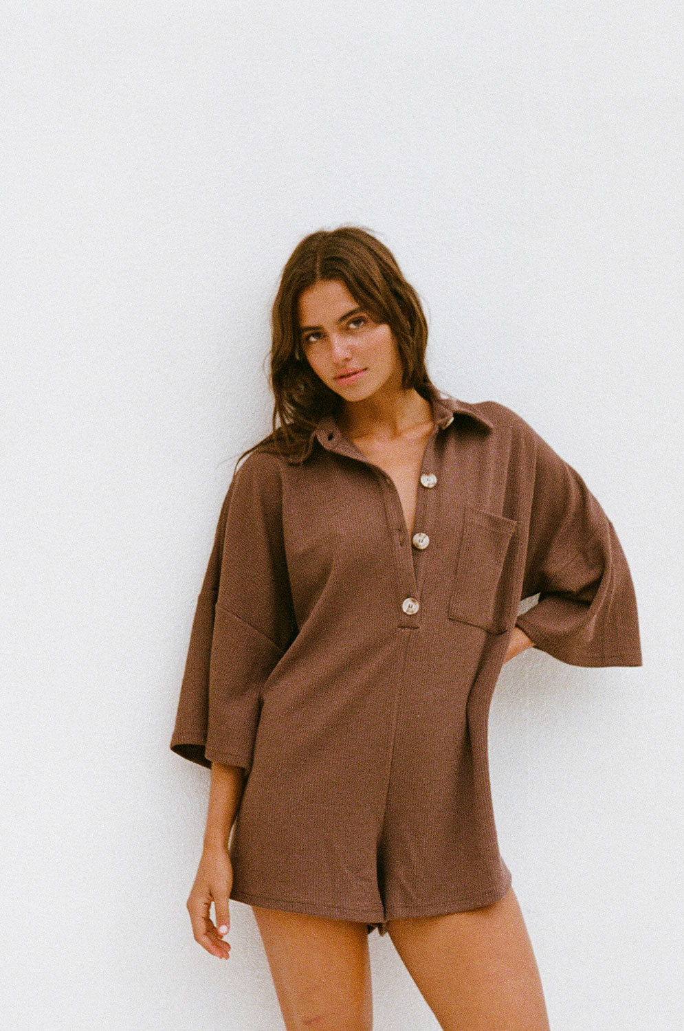 Chocolate Brown Soft Ribbed Milena Playsuit for Daily Wear