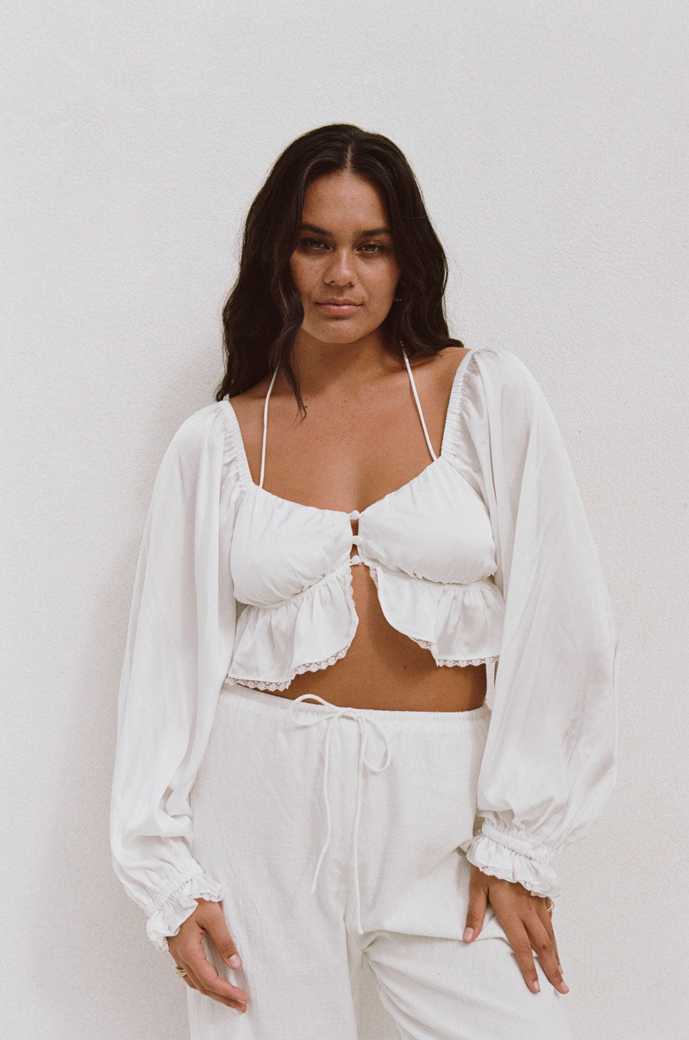 Elegant White Silk Sofia Puff Sleeve Halter Top