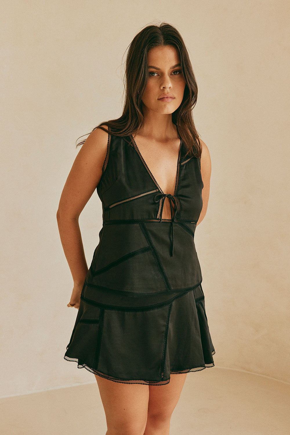 Stylish 90's Inspired Black Sable Silk Top with Tie Closure