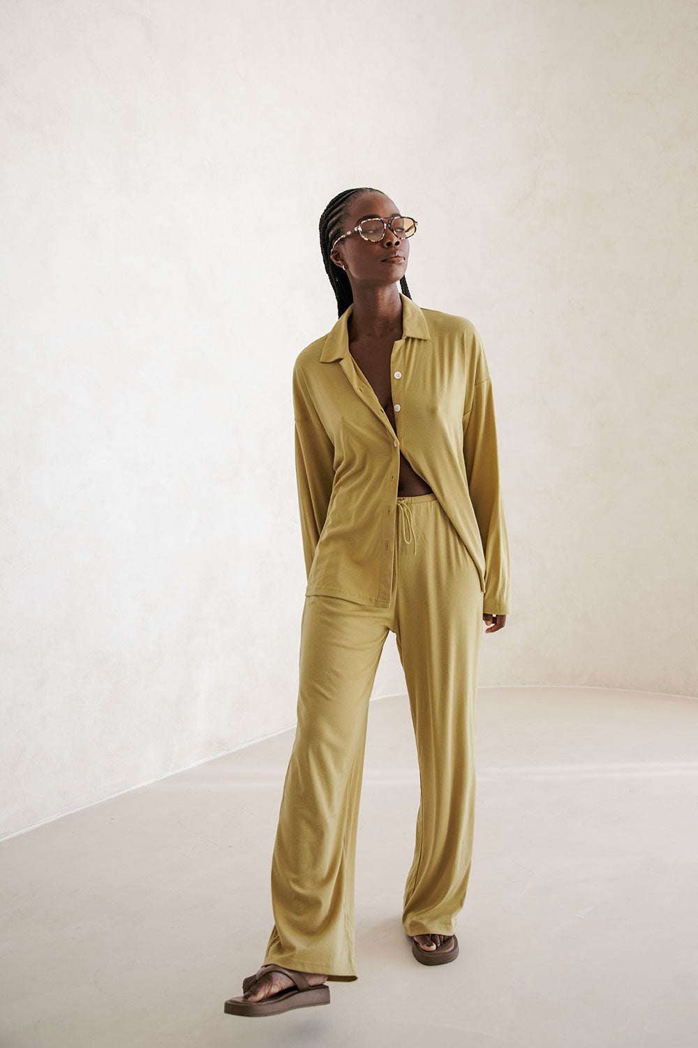 Soft Jersey Dusty Green High Waisted Orla Pants for Easy Wear