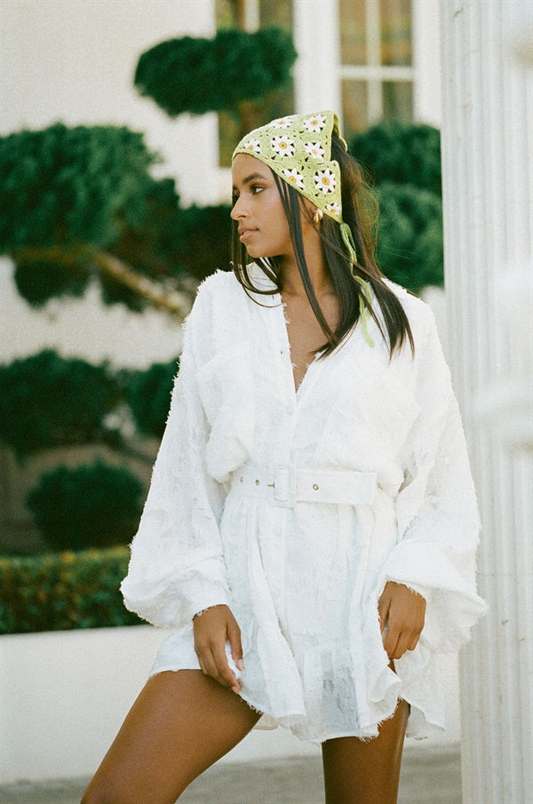 Stylish White Jacquard Belted Lota Dress with Puff Sleeves and Frill Hem