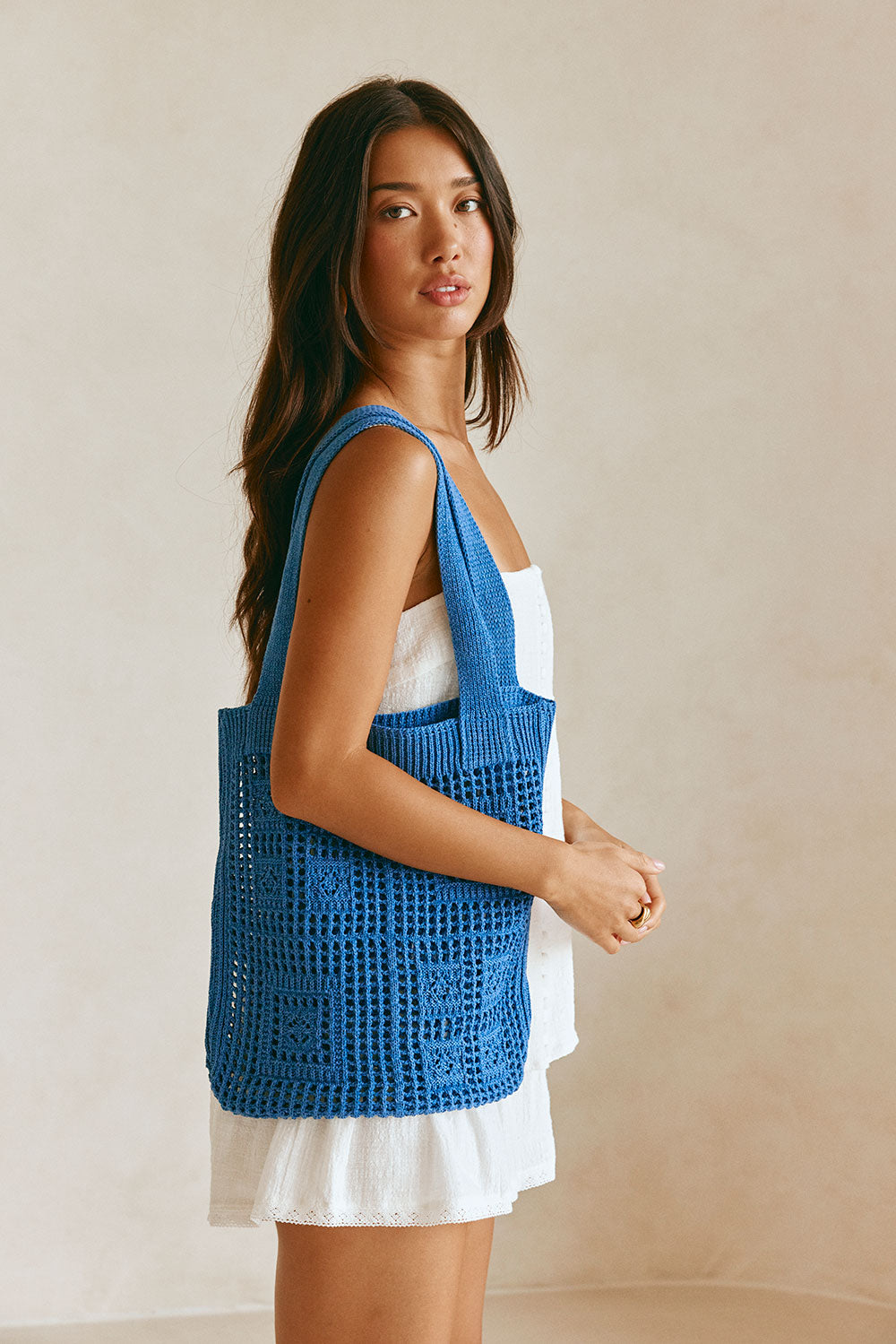 Blue Handmade Crochet Sia Tote Bag for Market and Beach