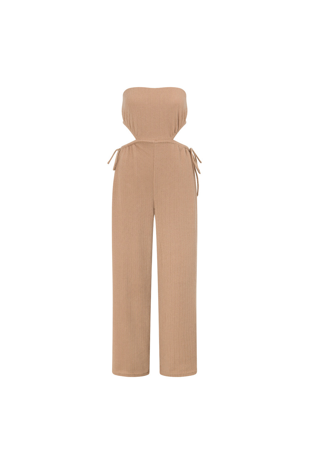 Tan Textured Waffle Fabric Strapless Ezel Women's Jumpsuit