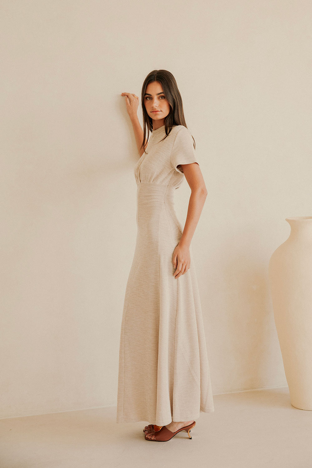 Exclusive Sabo-Designed Beige Ribbed Gizelle Maxi Dress