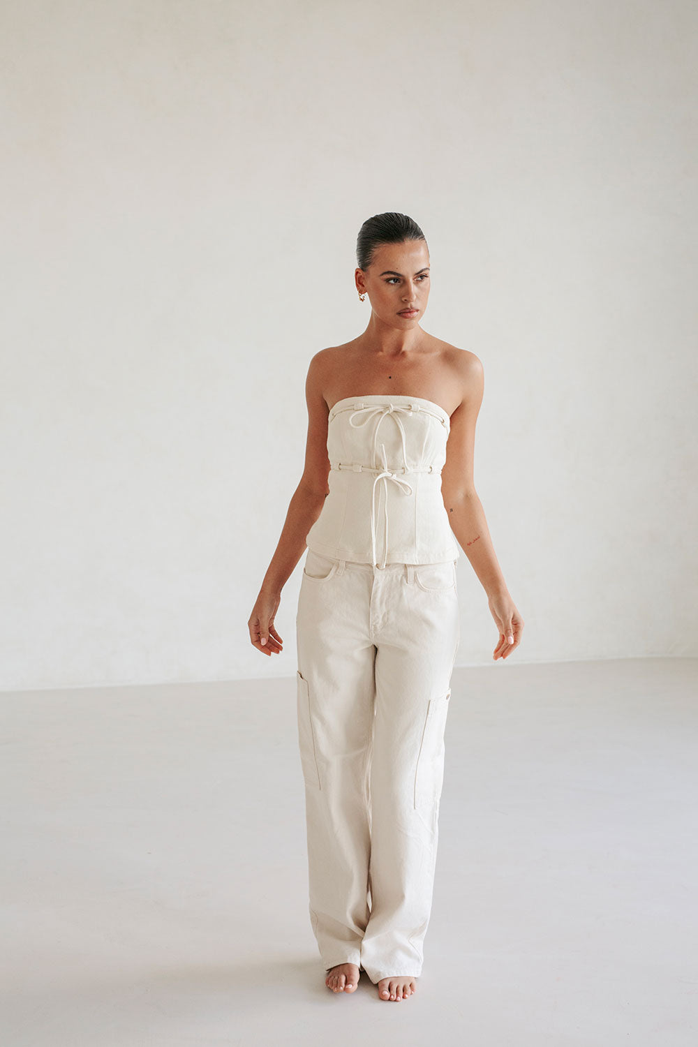 Beige Strapless Fiore Top with Tab and Tie Details
