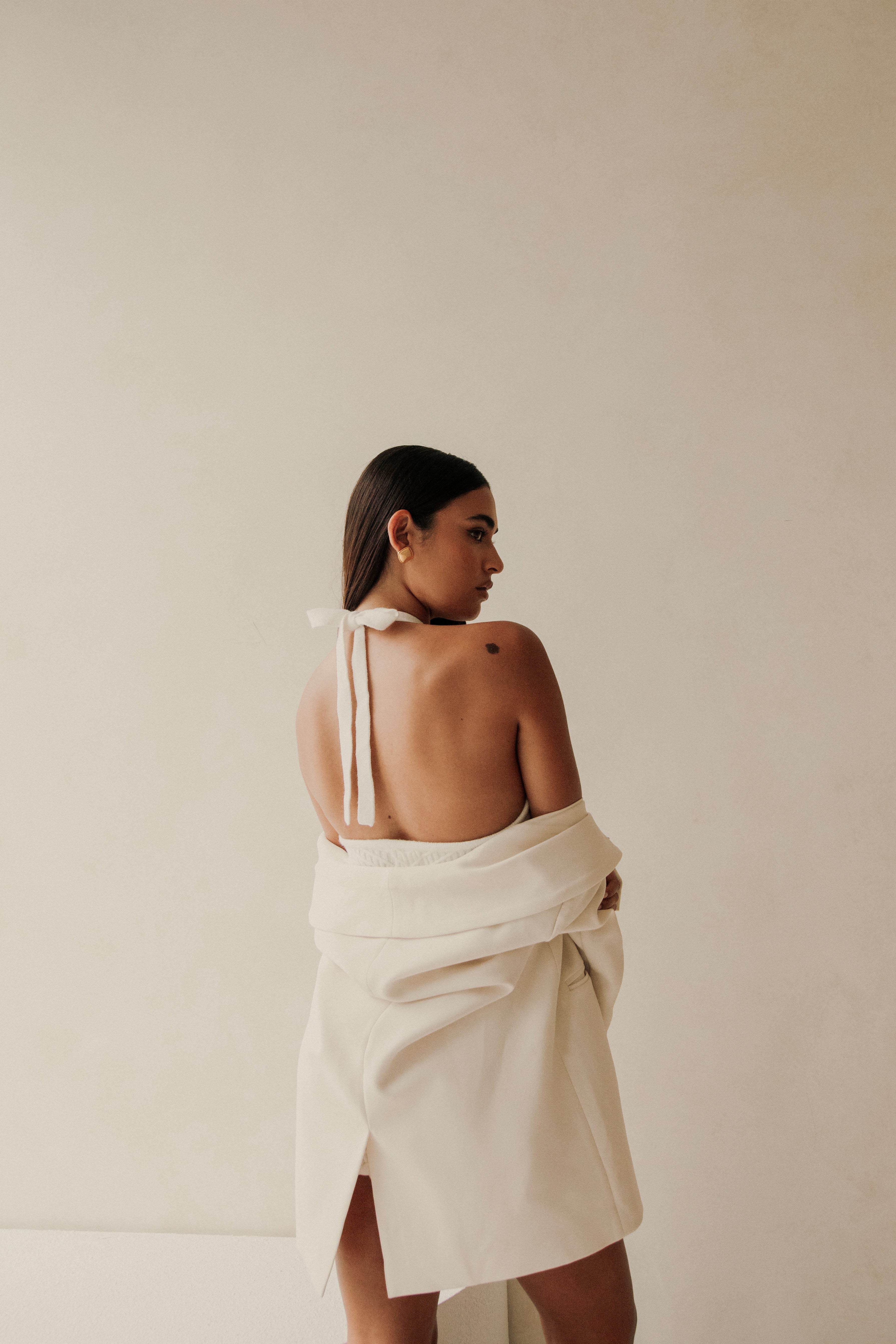 90s-Inspired Cream Halter Neck Atley Mini Dress by Sabo