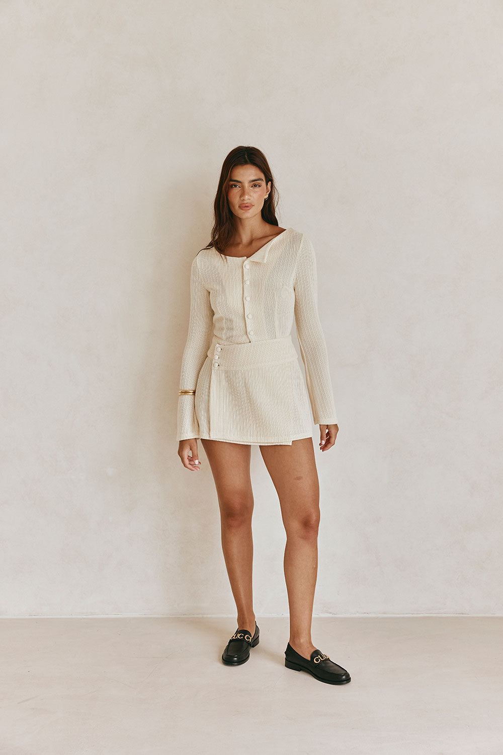 Beige Soft Pointelle Jersey Violette Wrap Mini Dress by Sabo
