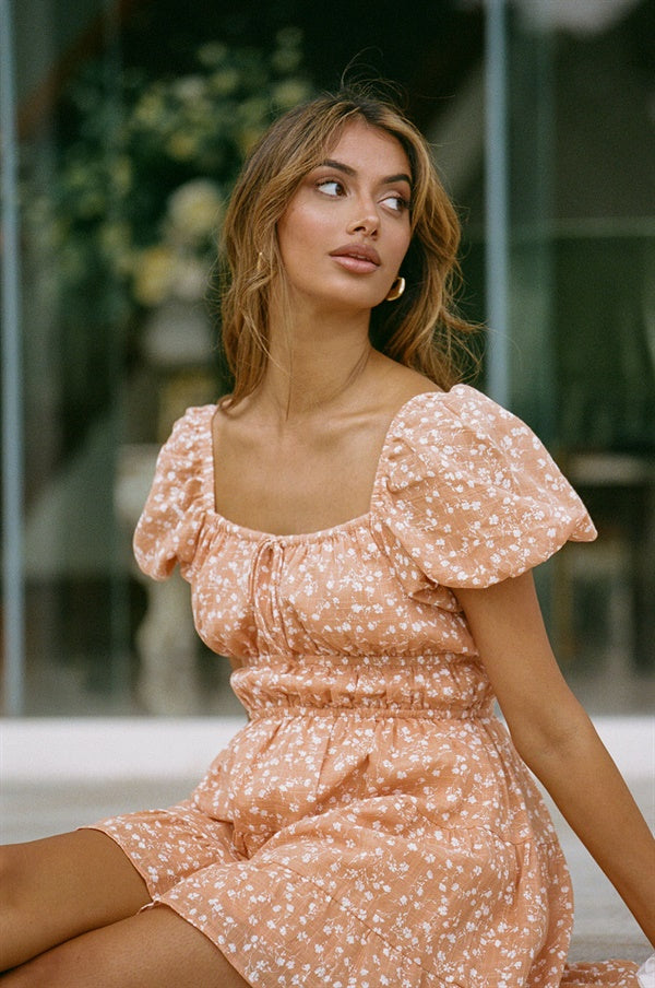 Orange Natural Raw Cotton Talina Dress with Short Puff Sleeves