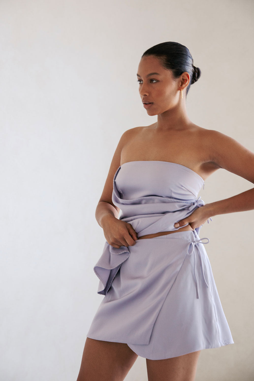 Sabo Exclusive Lilac Matte Silky High-Waisted Wrap Mini Skirt - Kleo