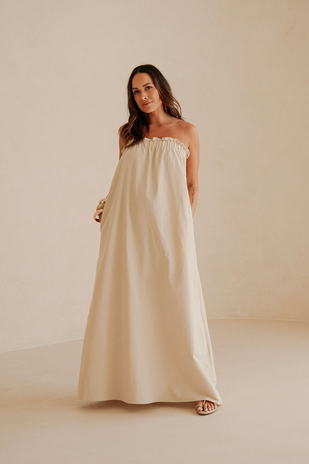 Exquisite Creamy Beige Strapless Ruffle Lila Maxi Dress from SABO x Kayla Boyd