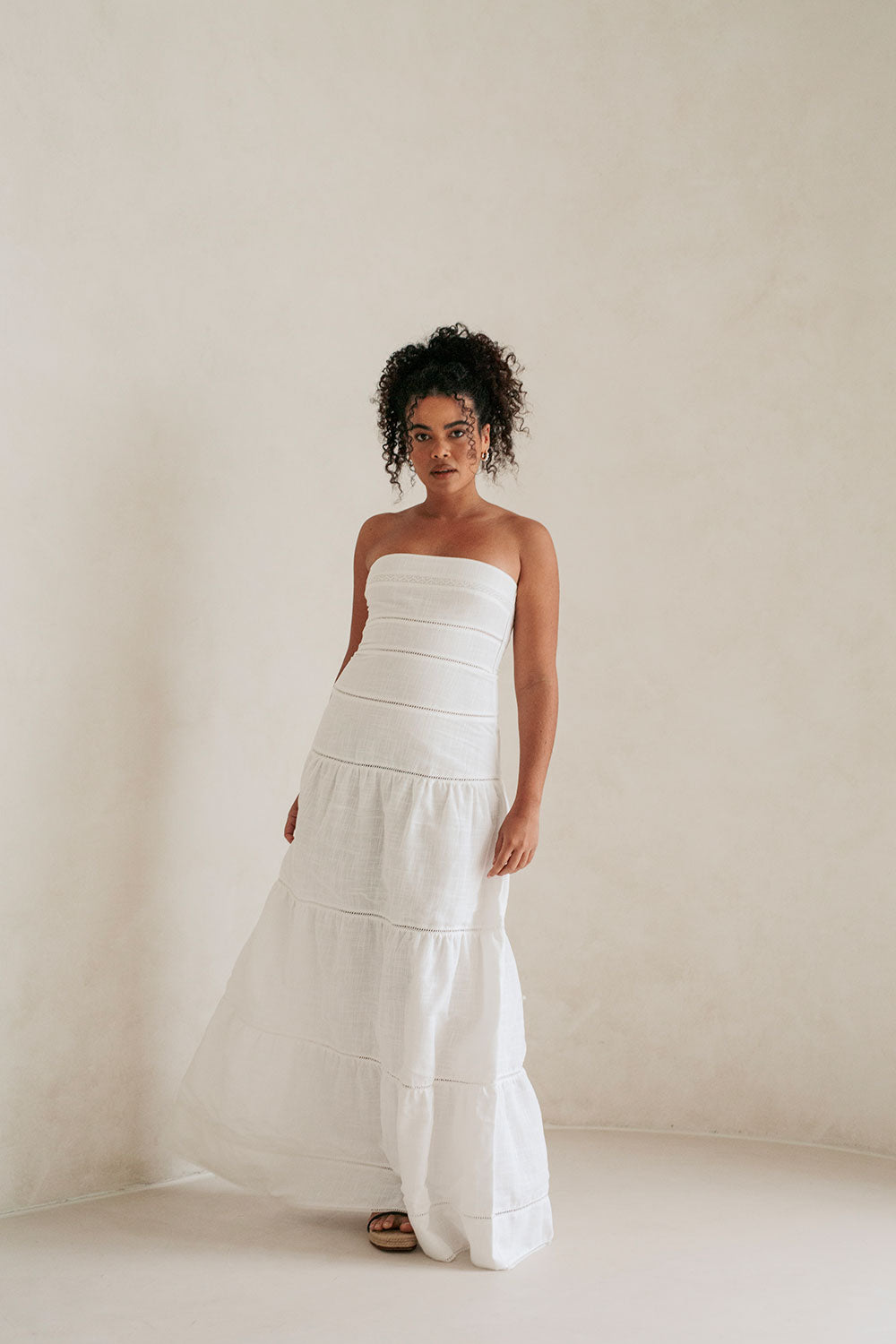 Exclusively Designed Sabo White High - Quality Cotton Cheesecloth Strapless Lyla Dress