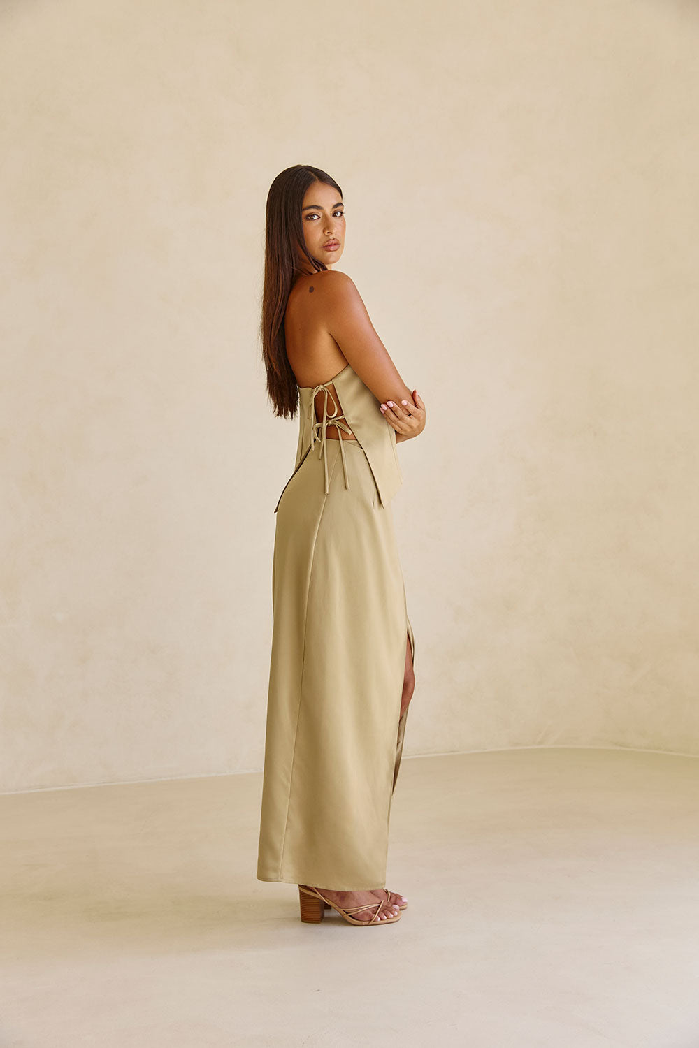 Dusty Olive Matte Silky Asymmetric Bria Top for Formal Wear