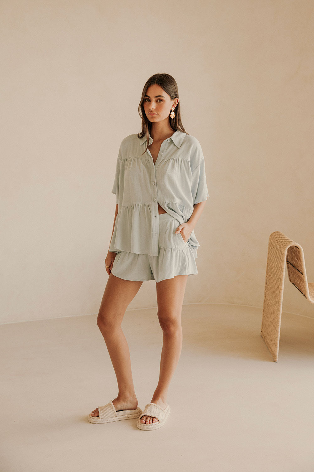 Blue Sky-Hued Natural Cotton Ramie Blend Luna Shorts