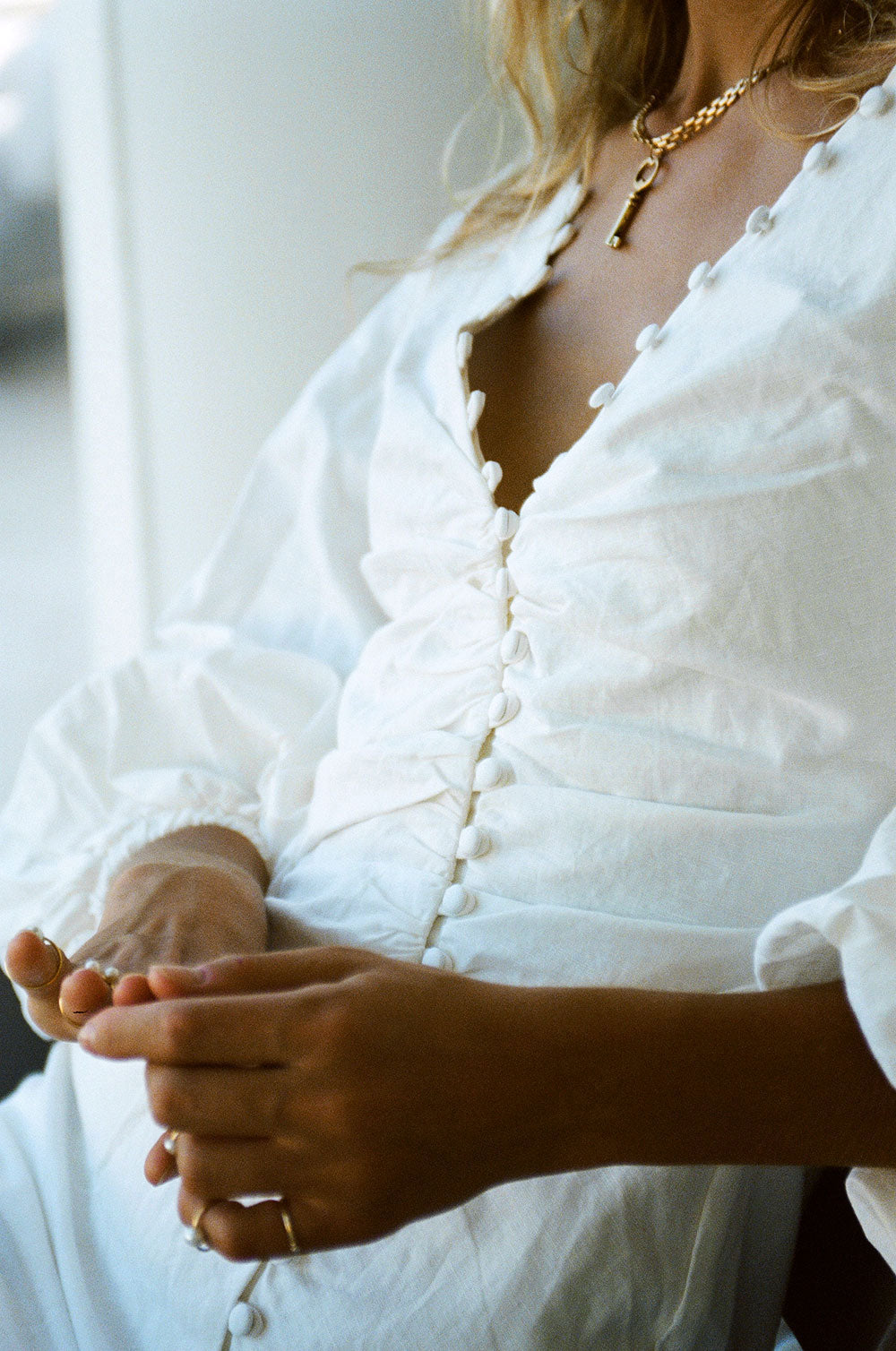 Exclusively Designed Off-White Linen Blend Minna Button Dress