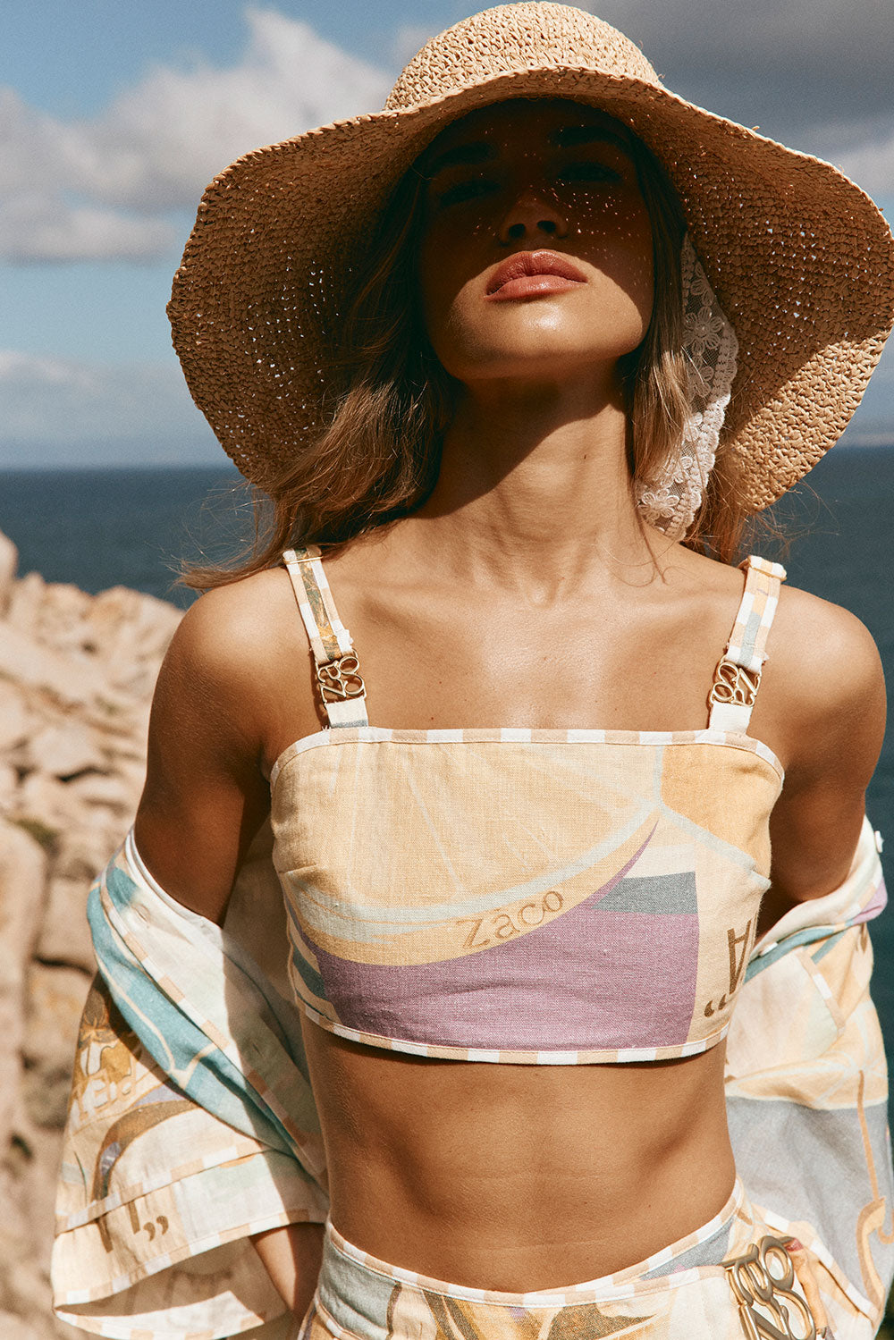 Portofino Linen Bandeau Top with Fiorire Acqua Print from Summer 2025 Collection