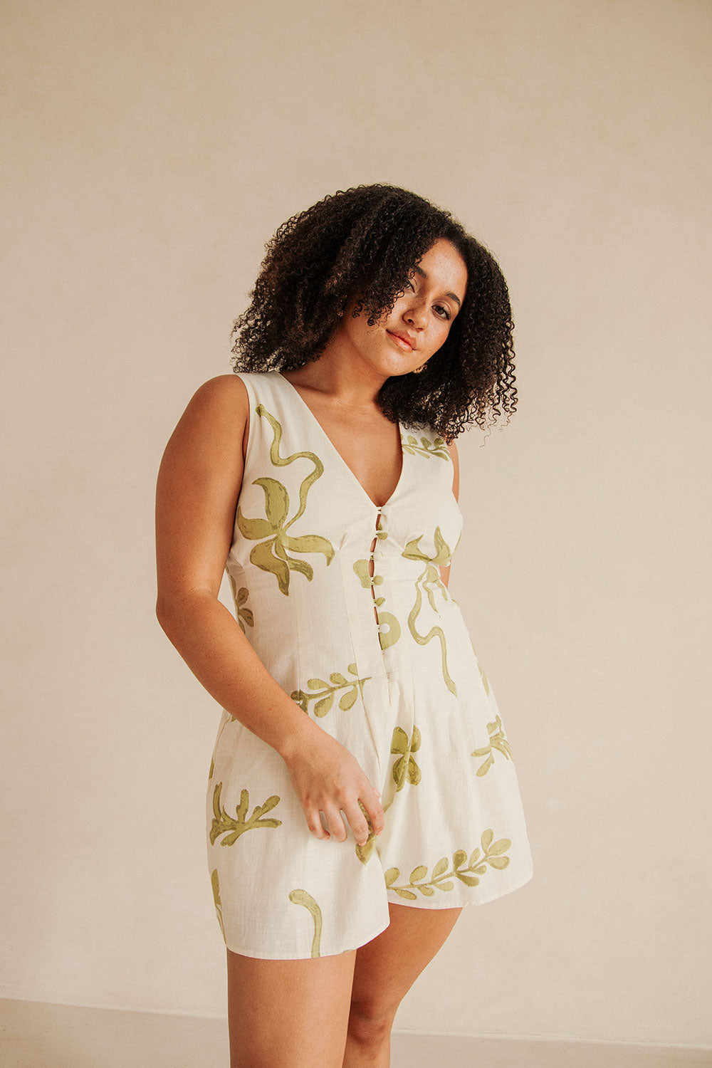 Exquisite Women's Jade Cotton Playsuit with Exclusive Print