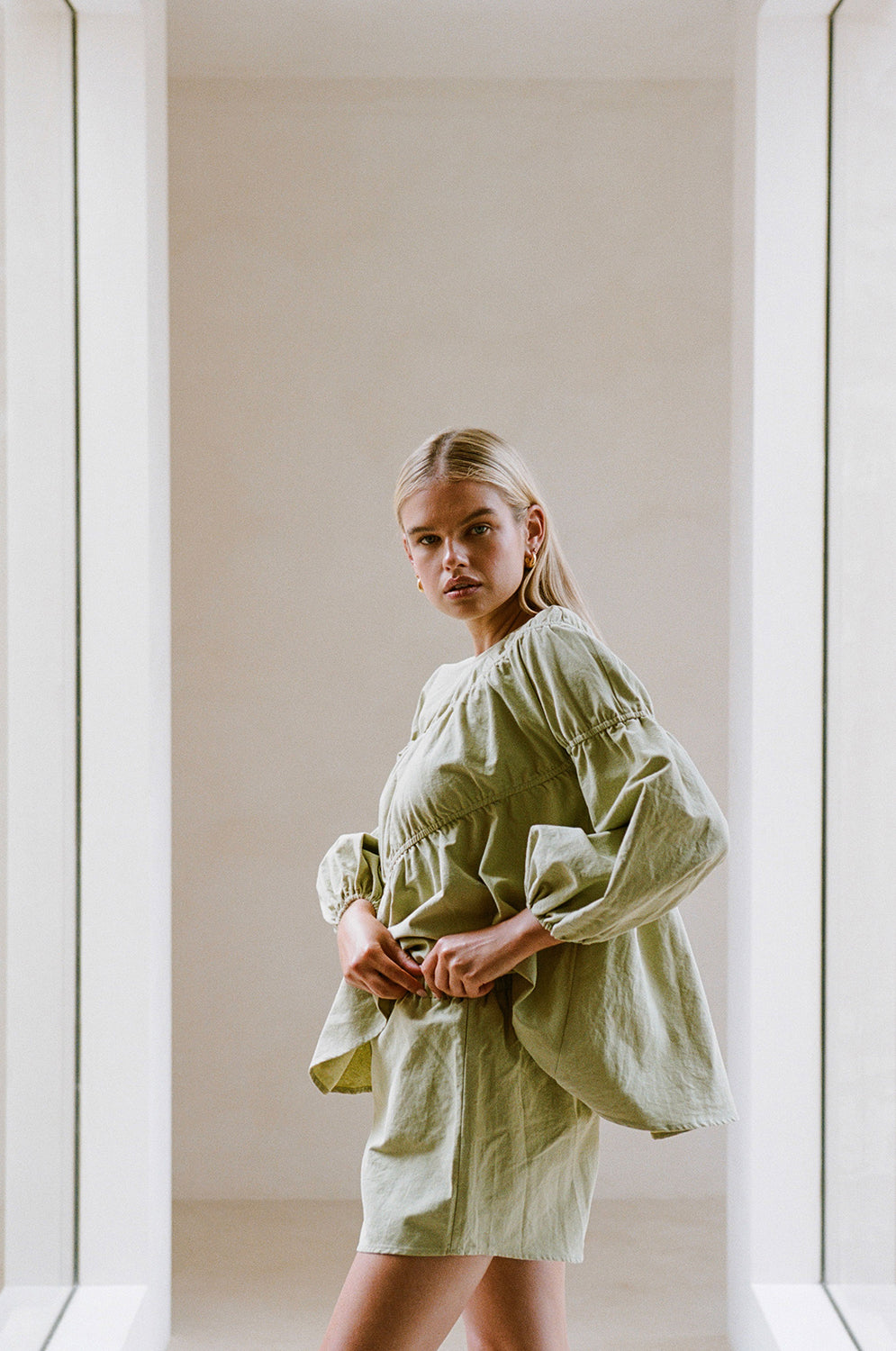 Sabo's Exclusive Creamy Khaki Akel Relaxed Cotton Top with Puff Sleeves