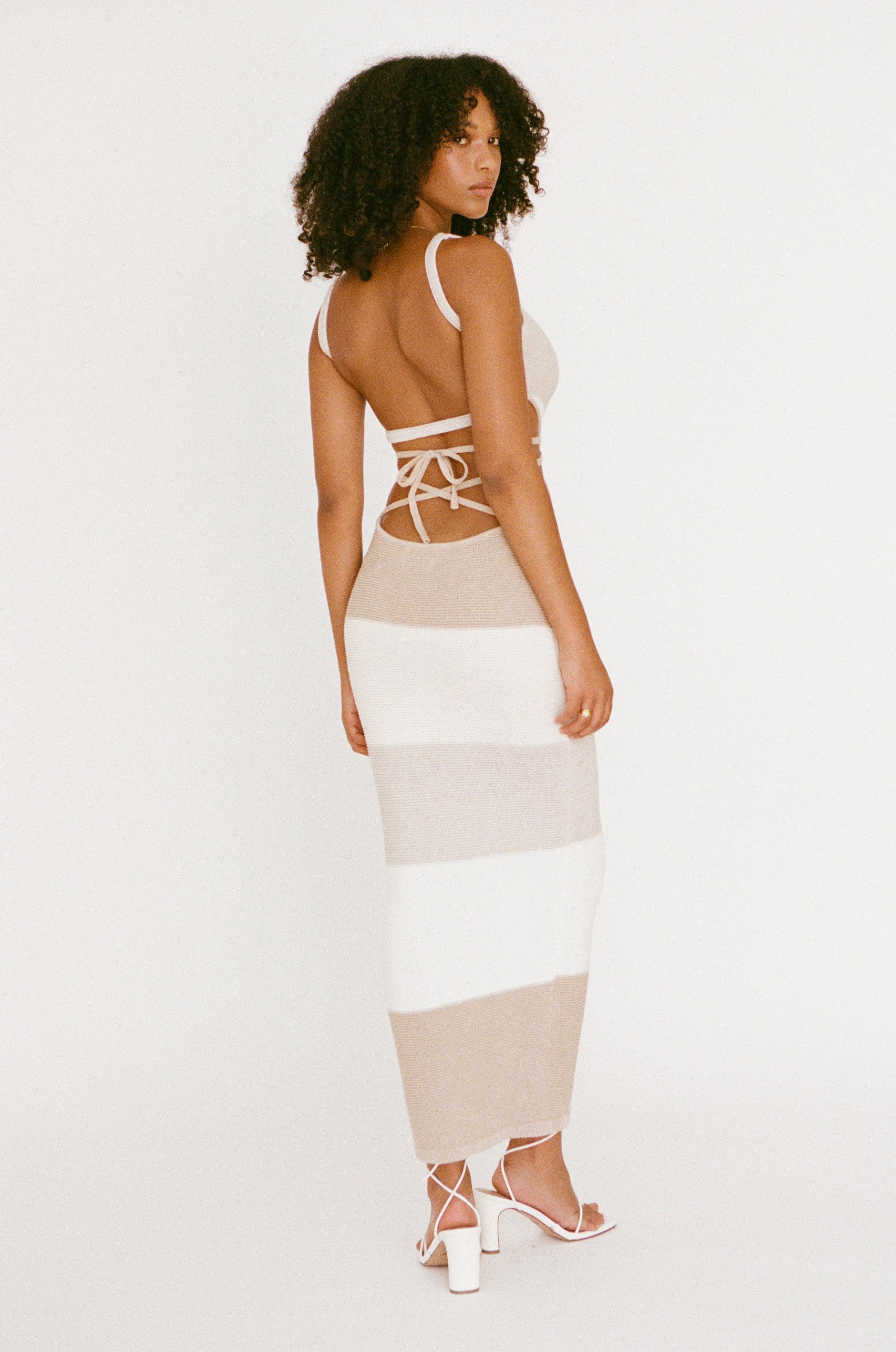 Tan Cream and White Natural Knitted Cotton London Midi Knit Dress