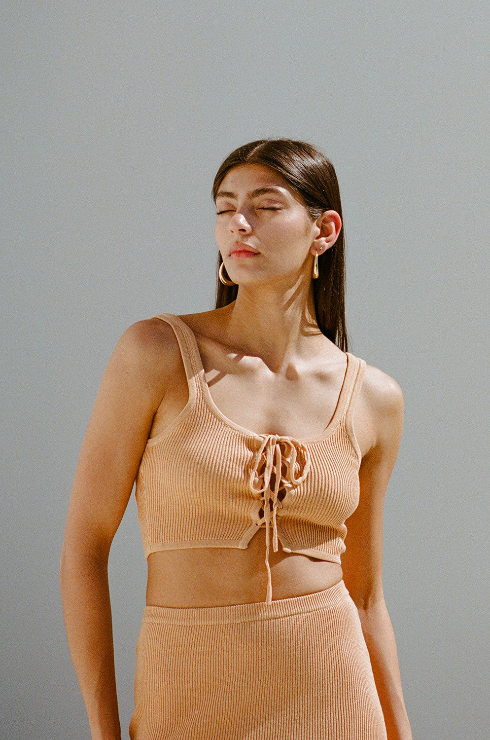 Exclusive Sabo Designed Leander Toffee-colored Ribbed Knit Crop Top