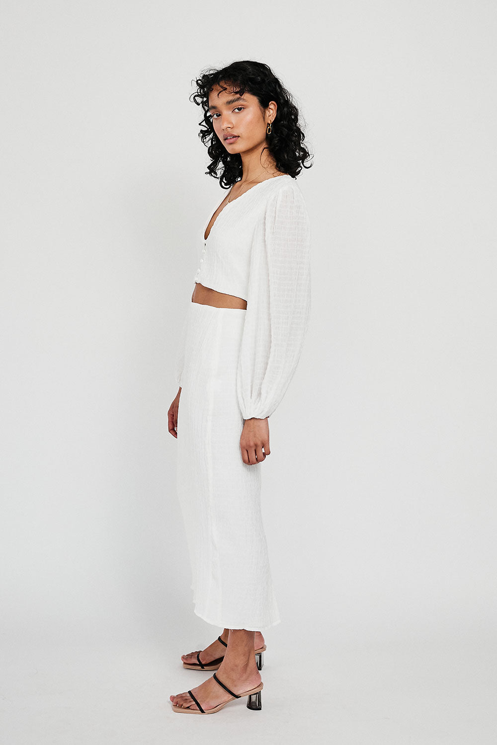 Exclusively Designed Off-White Textured Crepe Tasmin Top with Puff Sleeves