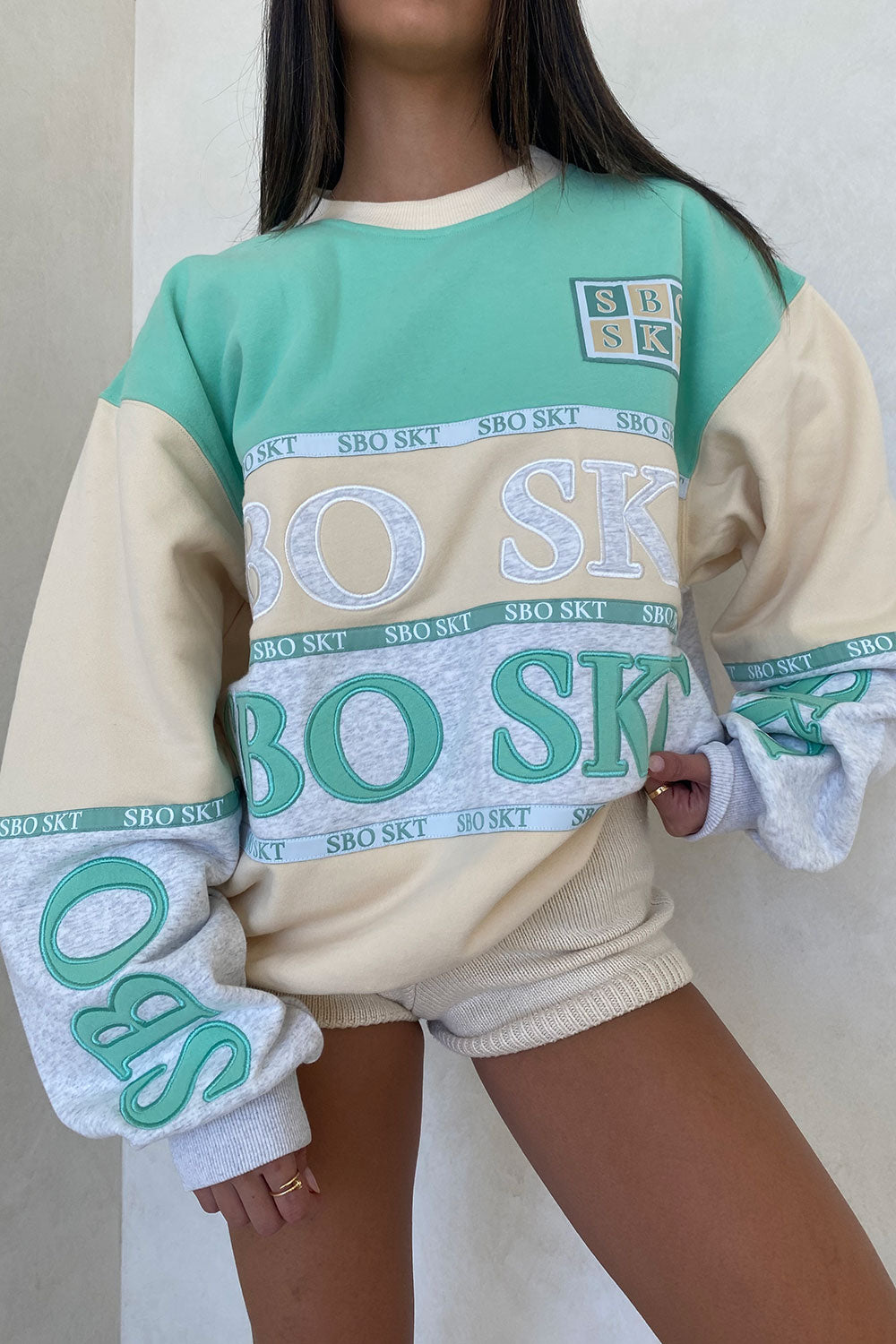 Soft Fleece Blend Janiero Oversized Sweater in Mint, Cream & Marl Grey