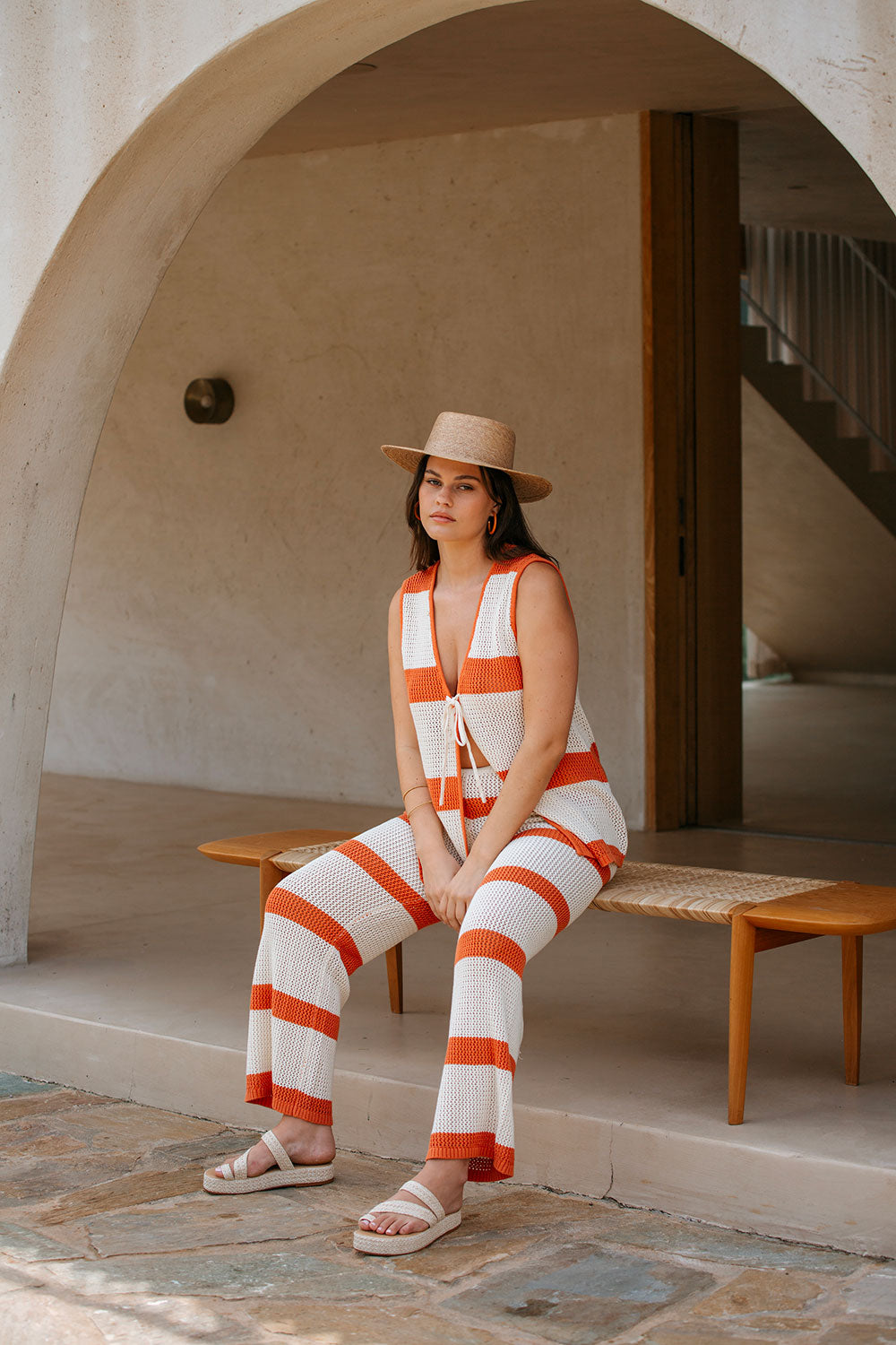 Sabo's Exclusive Cream and Burnt Orange High - Waisted Loose Cotton Knit Nantes Pants