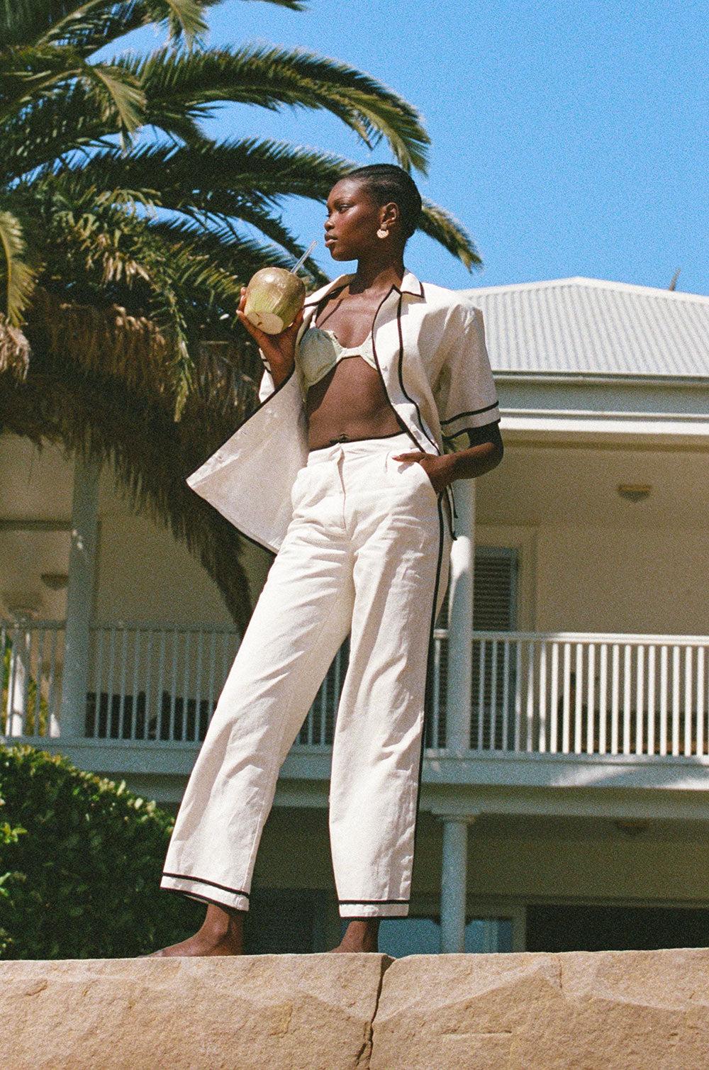 Elegant Cream Linen-Cotton Blend Lively Top with Black Bind Details