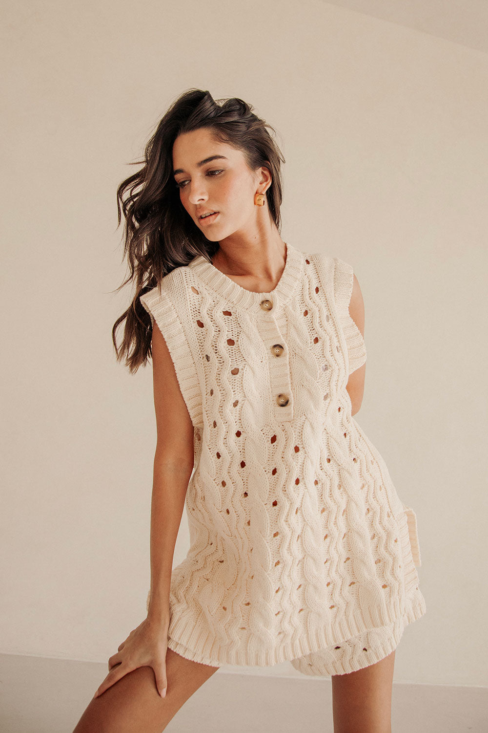 Exclusively Designed Cream-colored Boxy Jenna Top with Button Details