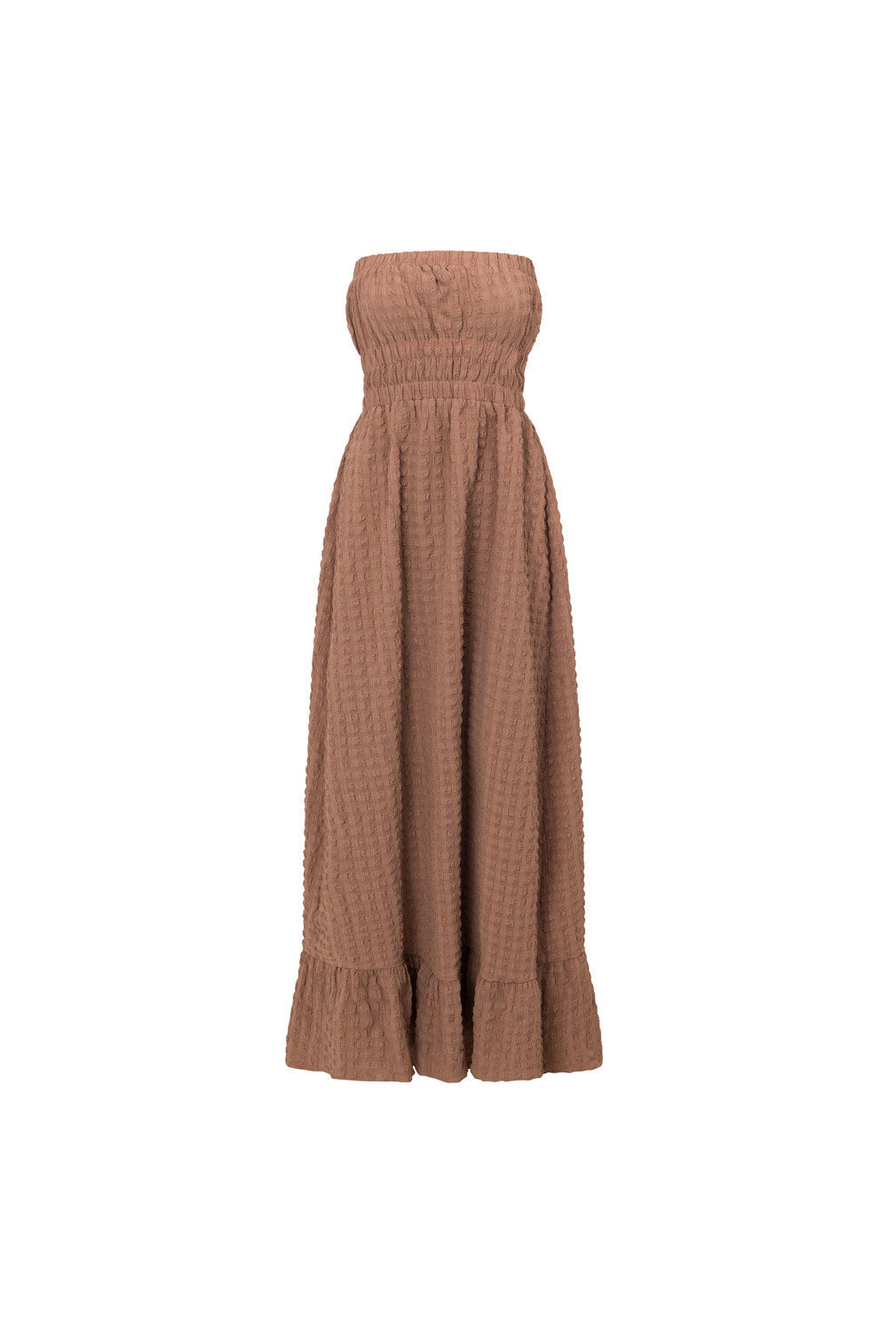 Chocolate Brown Textured Bubble Fabric Strapless Maxi Mya Dress