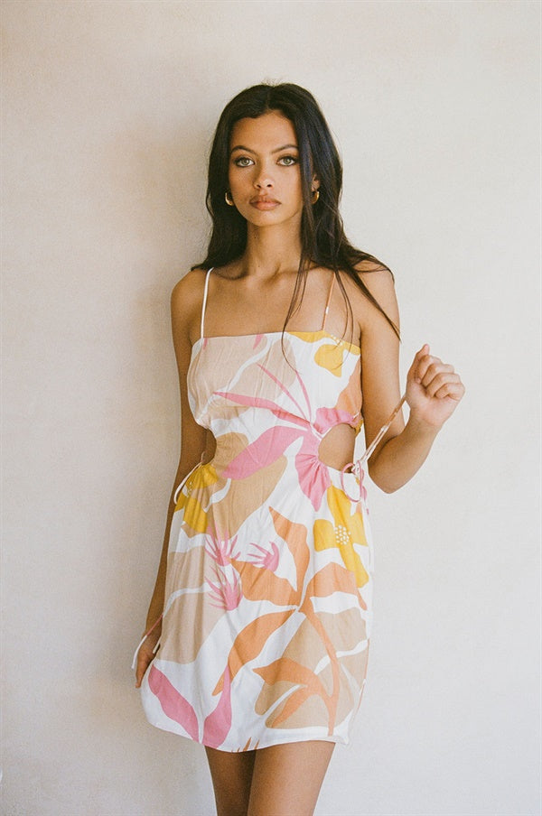 Exquisite Dria Cutout Dress with Exclusive Floral Sunset Print