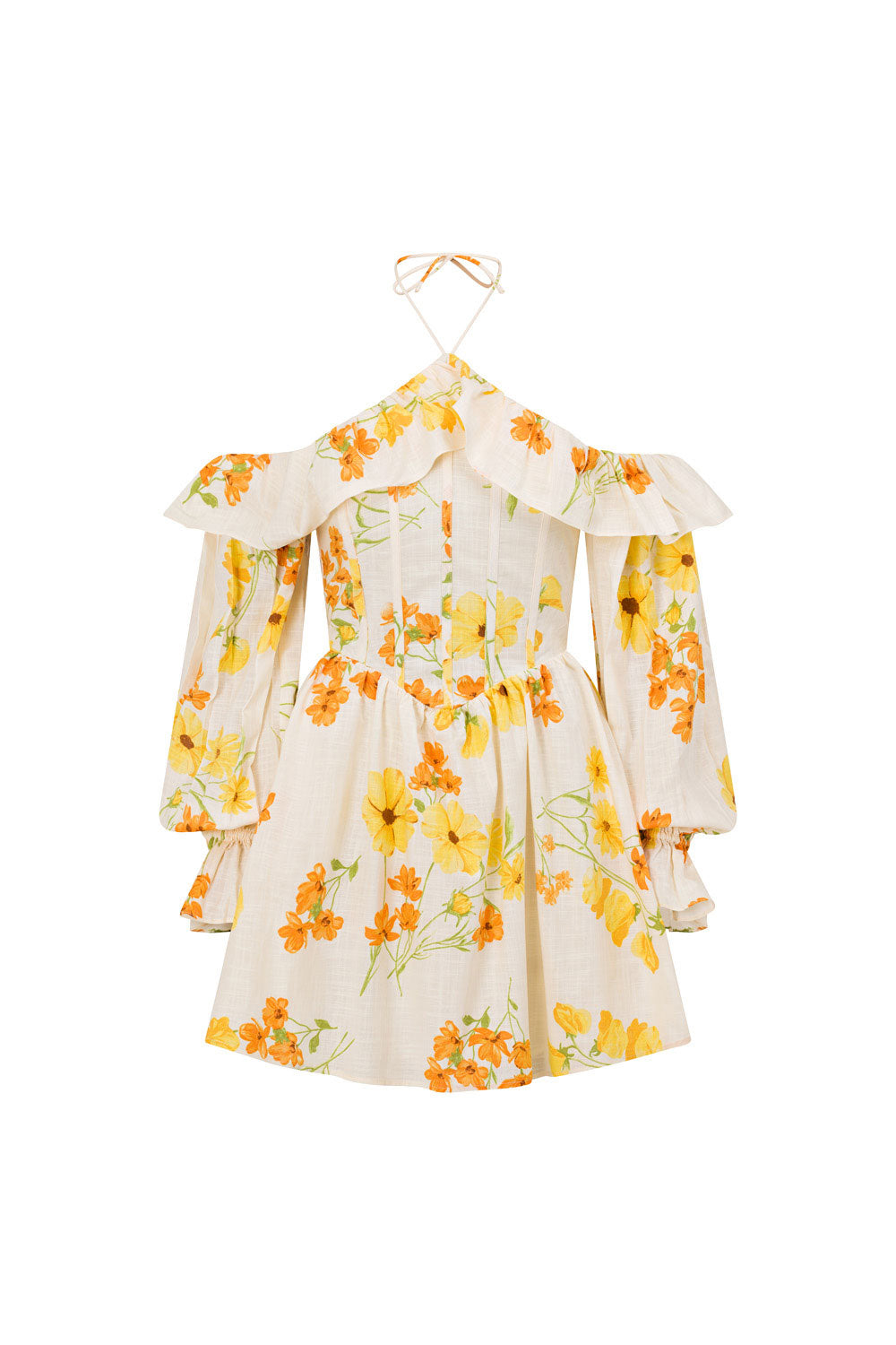 SABO LUXE Exclusive Pressed Flowers Print High - Quality Cotton Samaya Halter Mini Dress