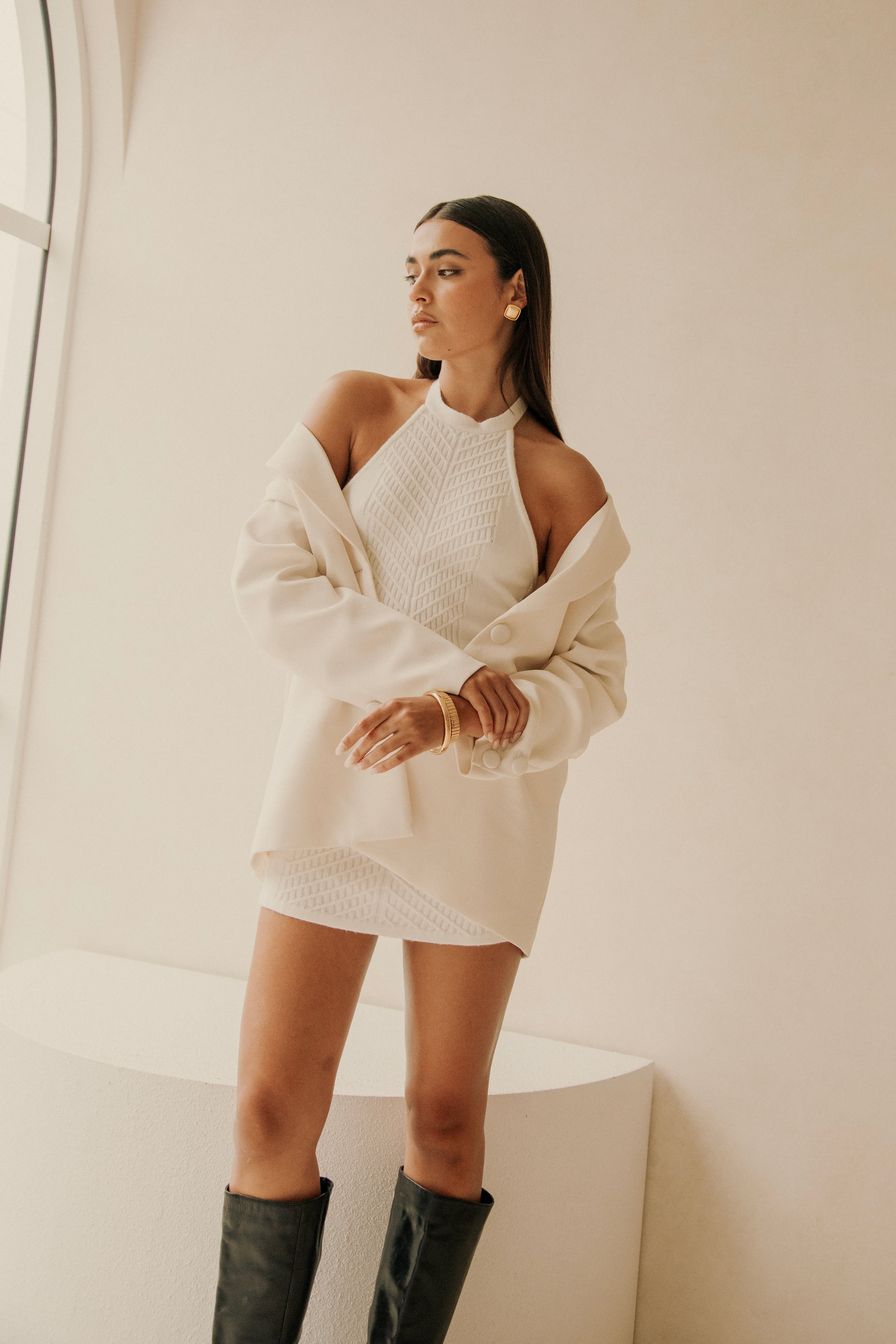 90s-Inspired Cream Halter Neck Atley Mini Dress by Sabo